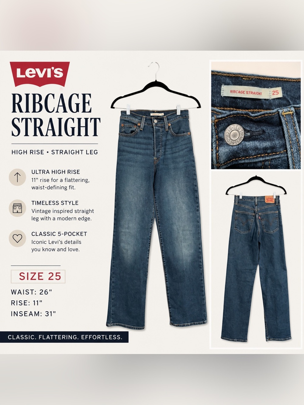Levi’s Ribcage Straight High Rise Jeans Women’s Size 25 Medium Wash Denim